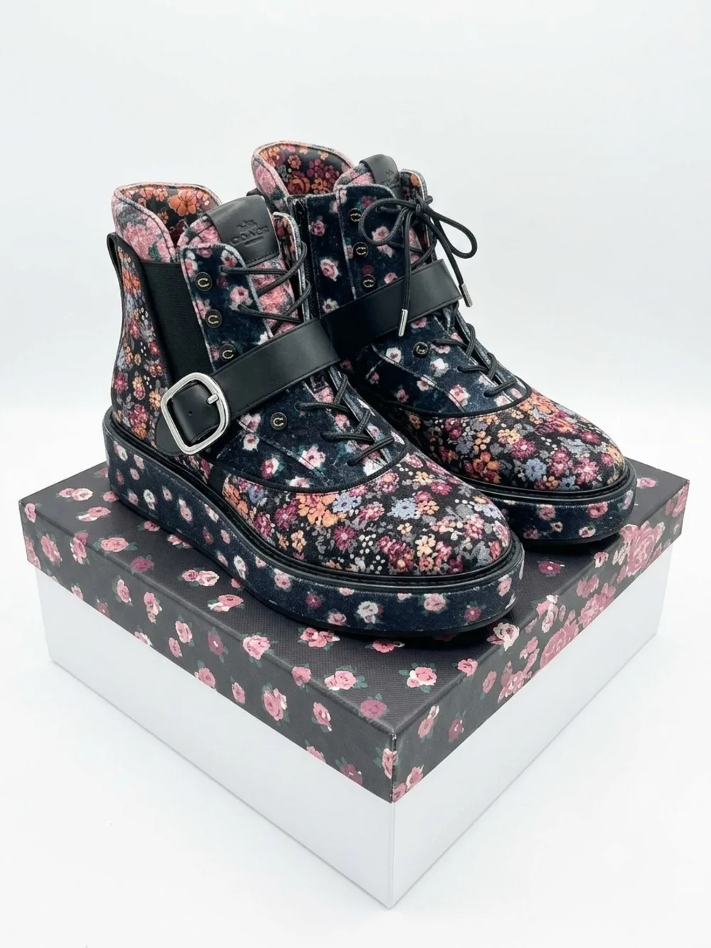 Coach Floral Lace-Up Ankle Boots in Black with Pink & Multicolor Floral Print
